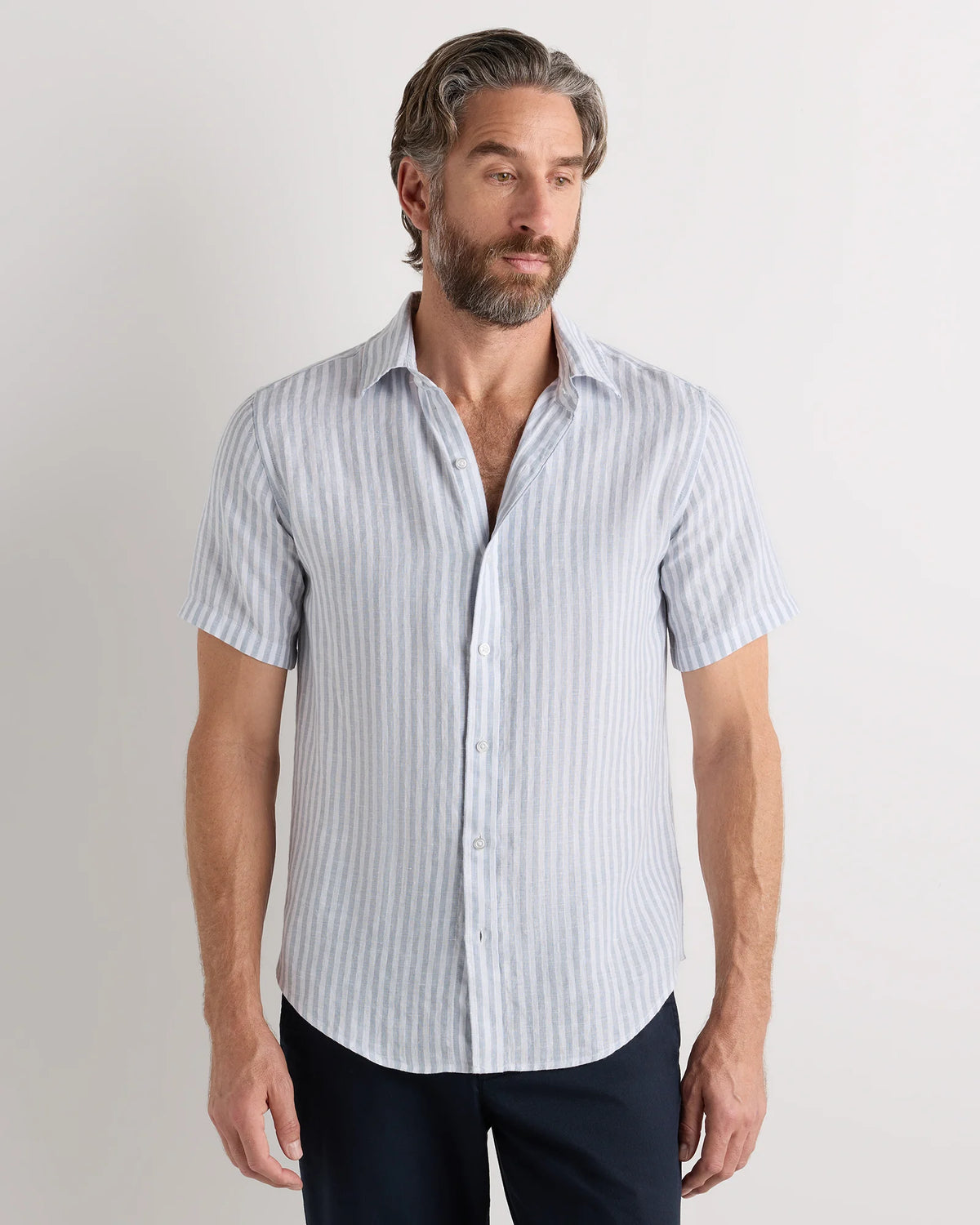 100% European Linen Relaxed Short Sleeve Shirt - XS / Taupe Brown Chambray