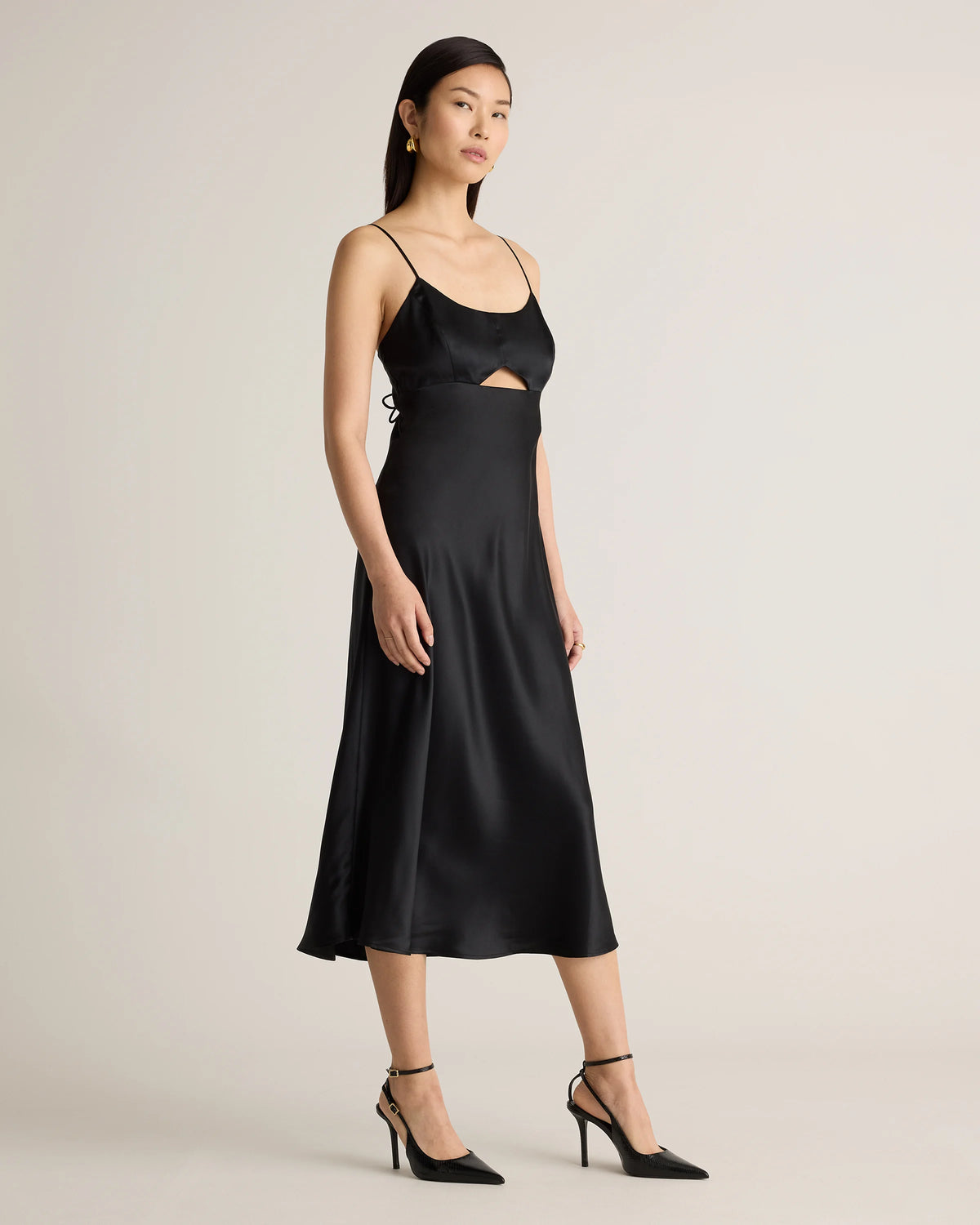 100% Washable Silk Cutout Midi Slip Dress - XS / Black