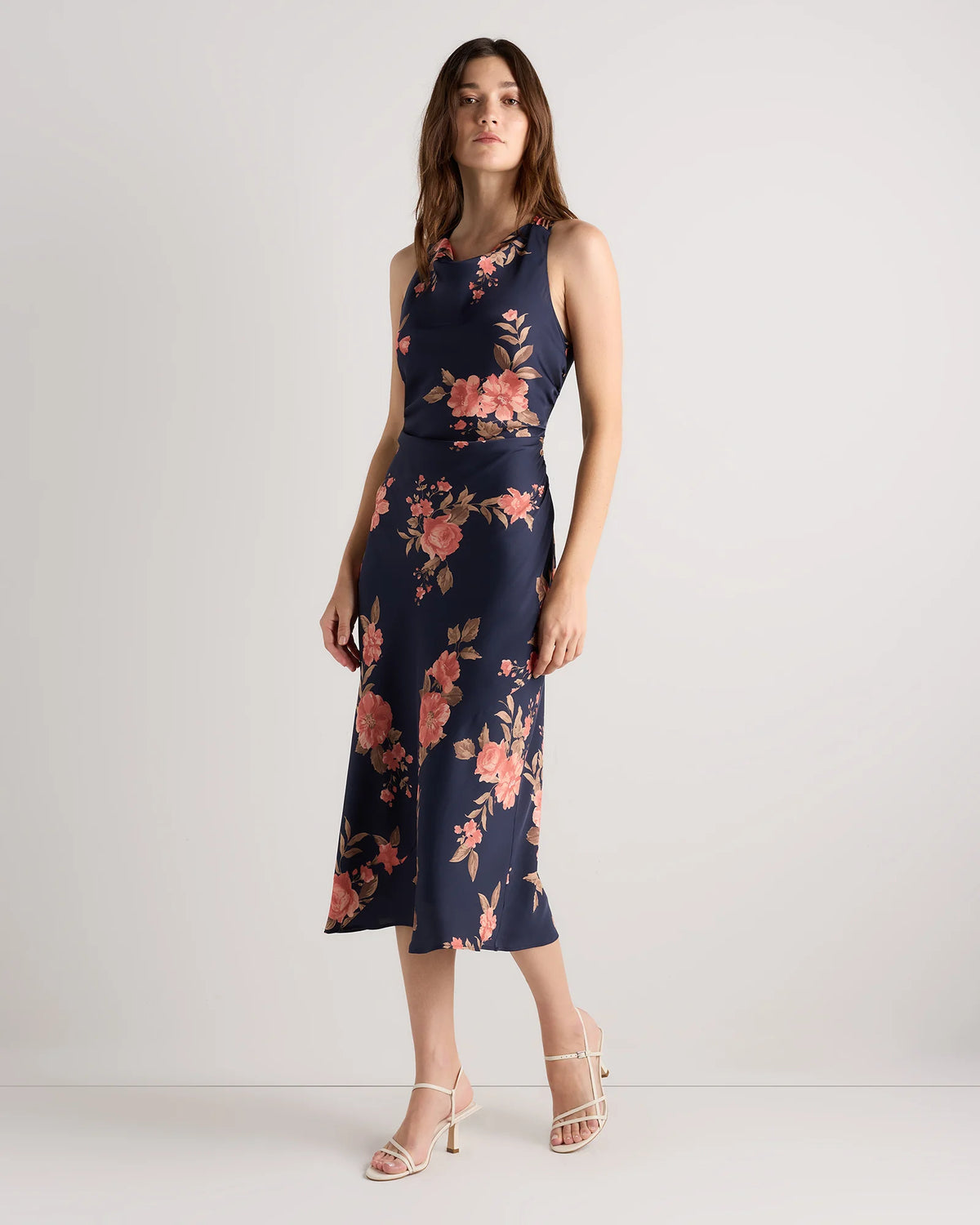 Washable Stretch Silk High Neck Midi Dress - XS / Vintage Navy Roses