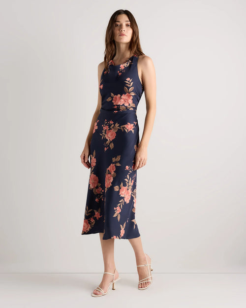 Washable Stretch Silk High Neck Midi Dress - XS / Vintage Navy Roses