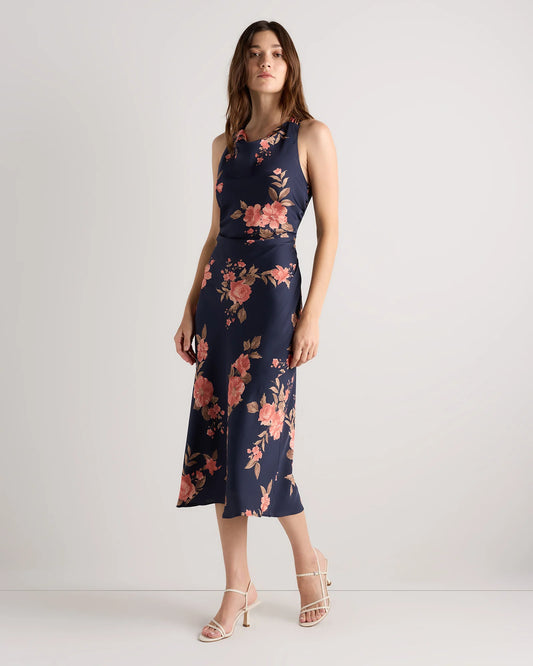 Washable Stretch Silk High Neck Midi Dress - XS / Vintage Navy Roses
