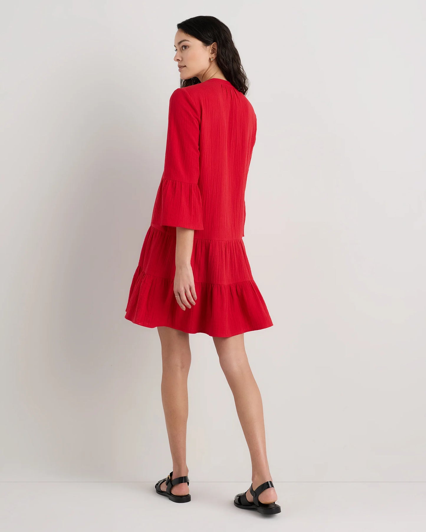 100% Organic Cotton Gauze Long Sleeve Tiered Mini Dress - XS / Amaranth Pink