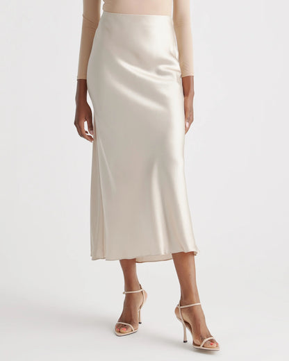 100% Washable Silk Maxi Skirt - XS / Champagne