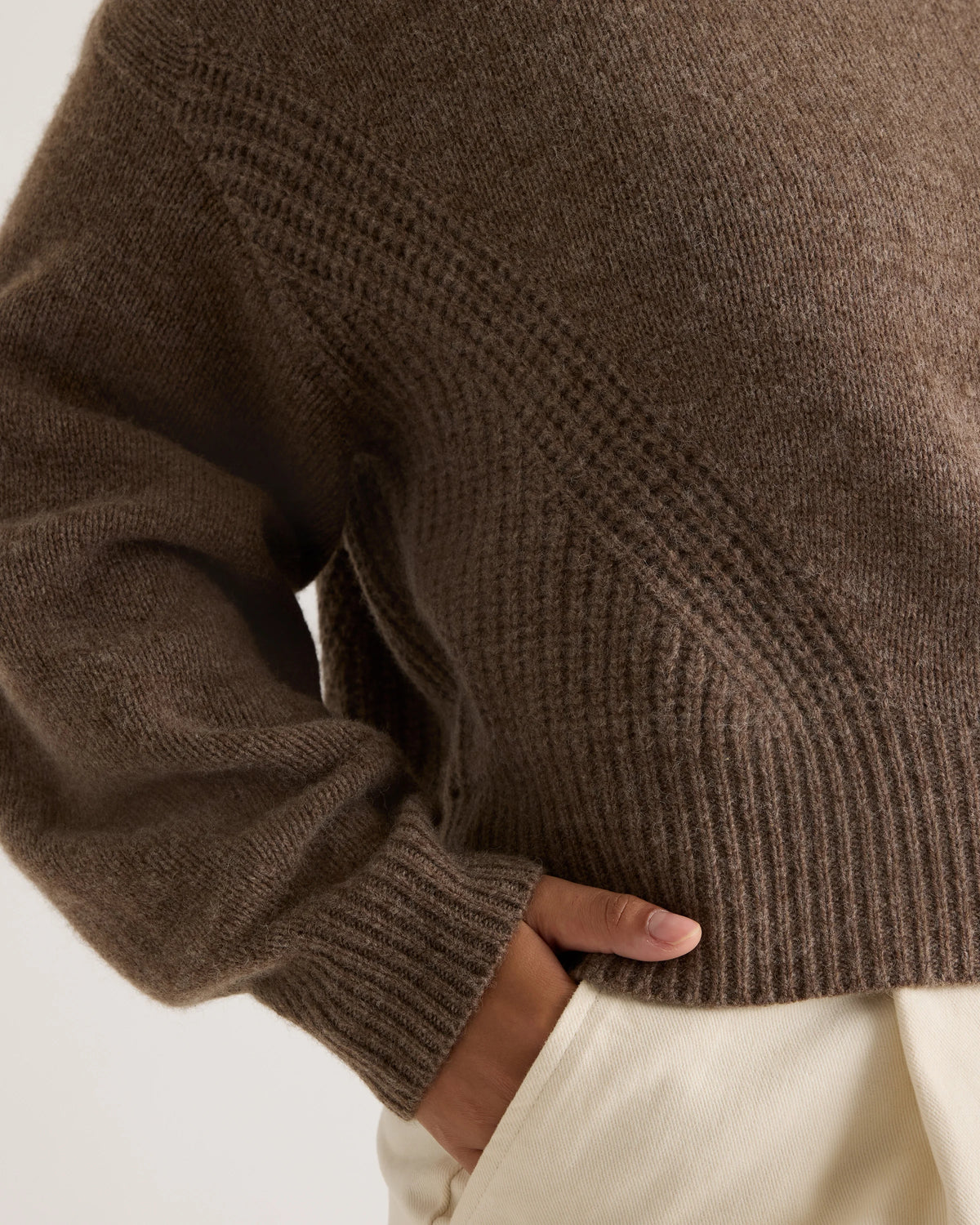 100% Yak Wool Pointelle Detail Relaxed Crew - XS / Heather Brown