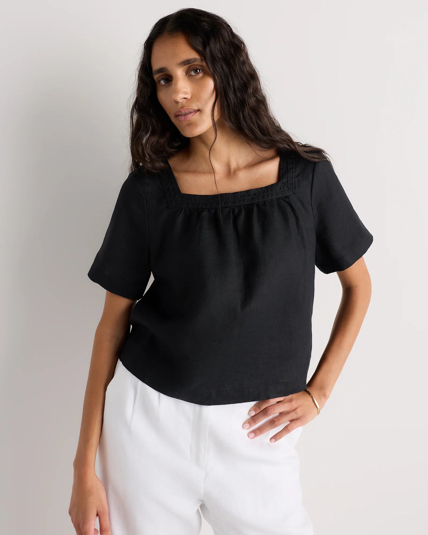 100% European Linen Square Neck Swing Top - XS / Black