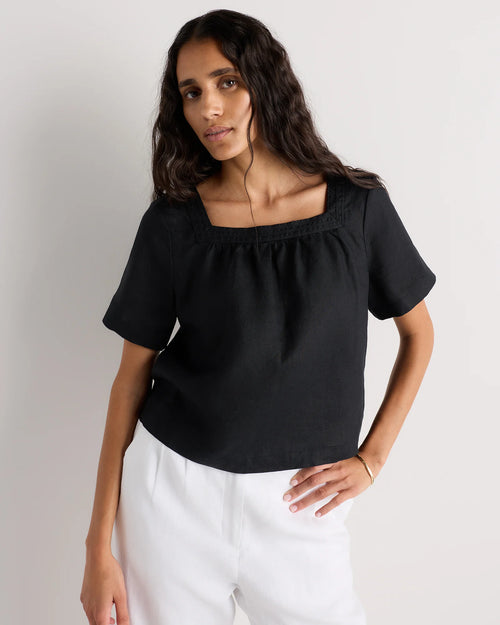 100% European Linen Square Neck Swing Top - XS / Black
