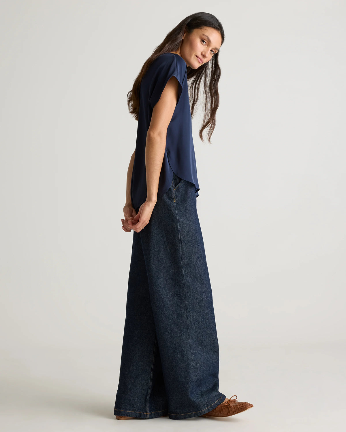 Washable Stretch Silk Split Hem Tee - XS / Ivory