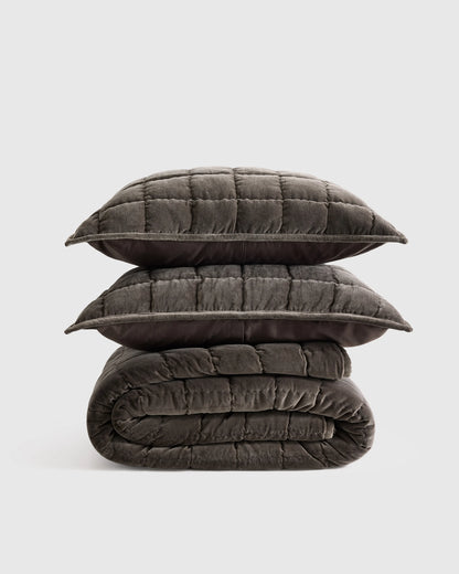 Cotton Velvet Box Quilt Set - Full/Queen / Forest Green
