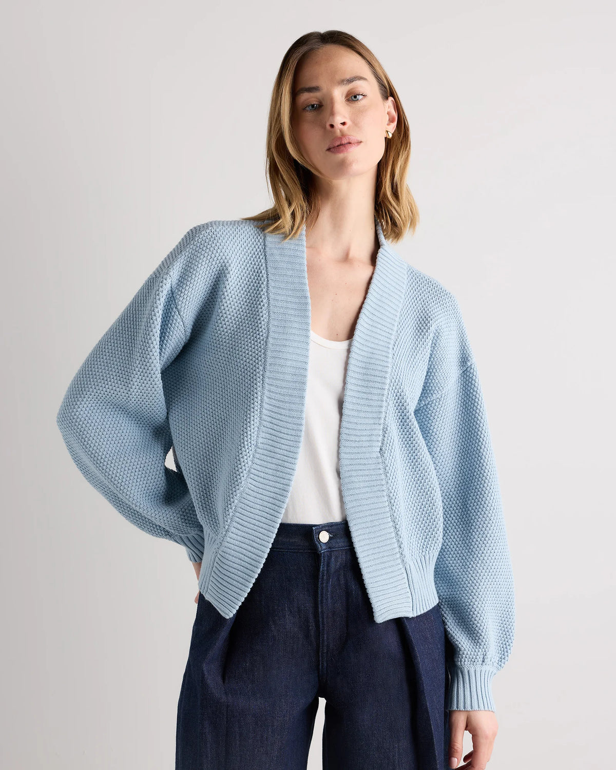 100% Organic Cotton Waffle Stitch Open Cardigan - XS / Sky Blue
