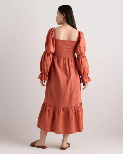 100% Organic Cotton Gauze Maternity Smocked Midi Dress - XS / Wild Cherry