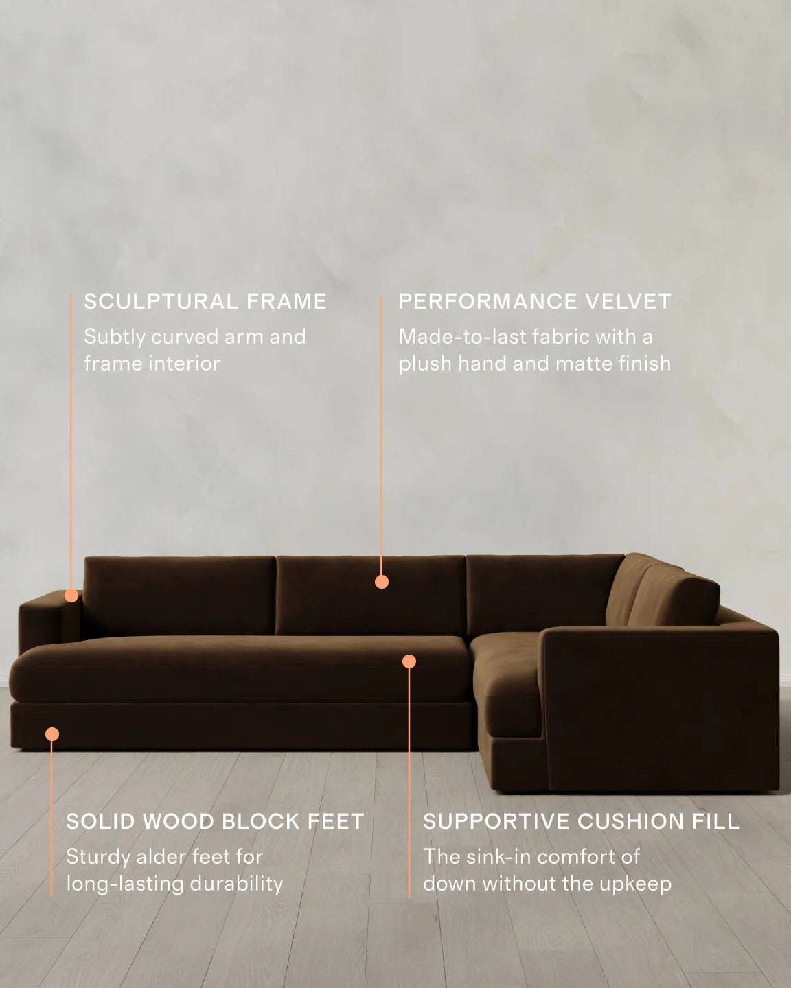 Sierra Curved Arm L Sectional in Performance Velvet - Right Arm / Sable
