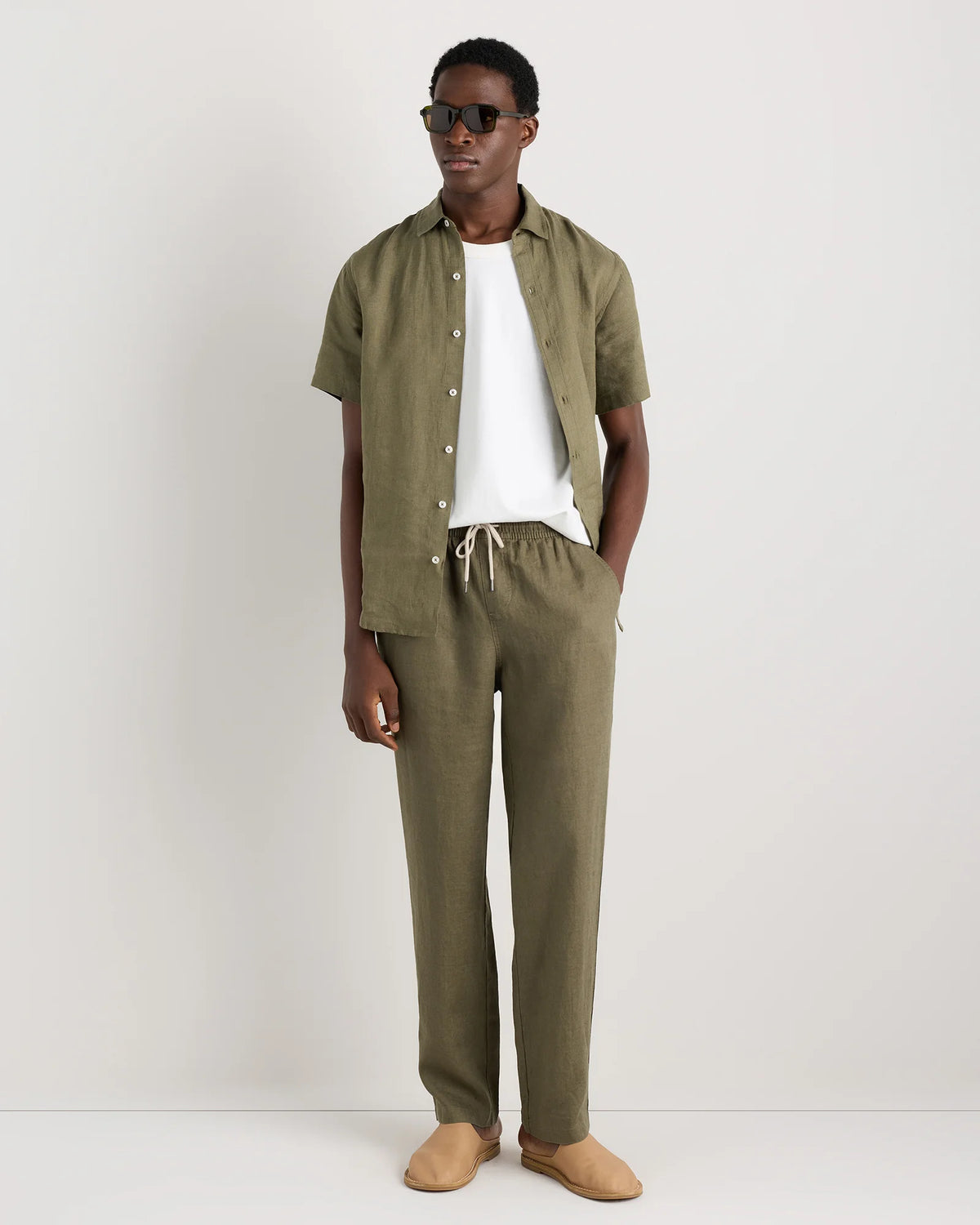 100% European Linen Drawstring Beach Pants - XS / Taupe Brown Chambray