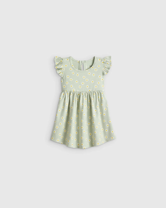 Organic Cotton Sleeveless Ruffle Dress - 3-6M / Aqua Daisy