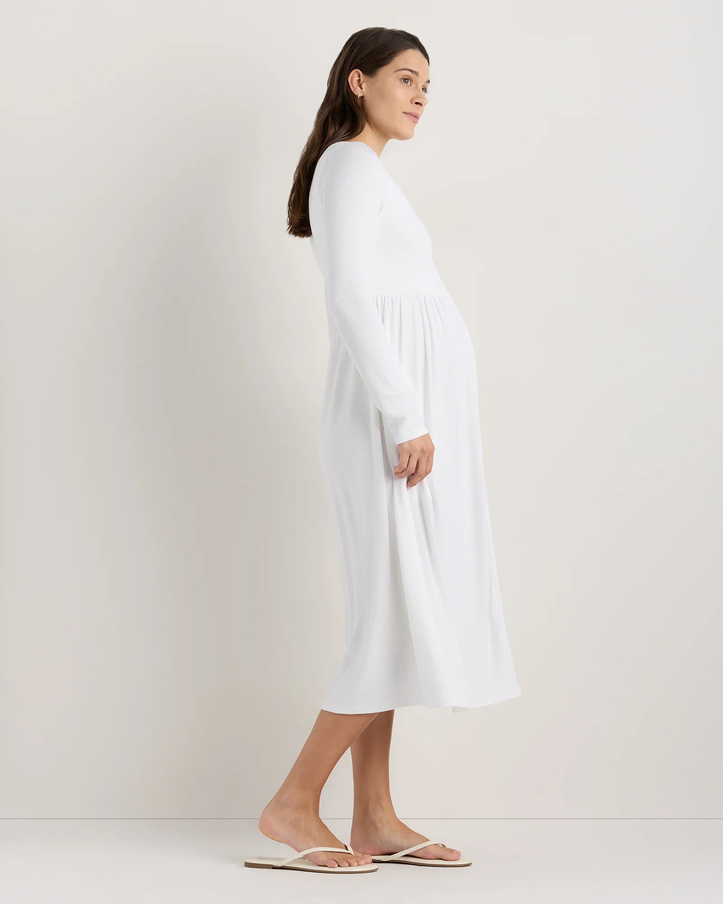 Bamboo Rib Maternity Long Sleeve Button Front Dress - XS / Classic White