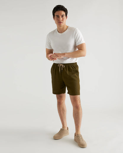 100% European Linen Drawstring Beach Shorts - 7" - XS / Taupe Brown Chambray