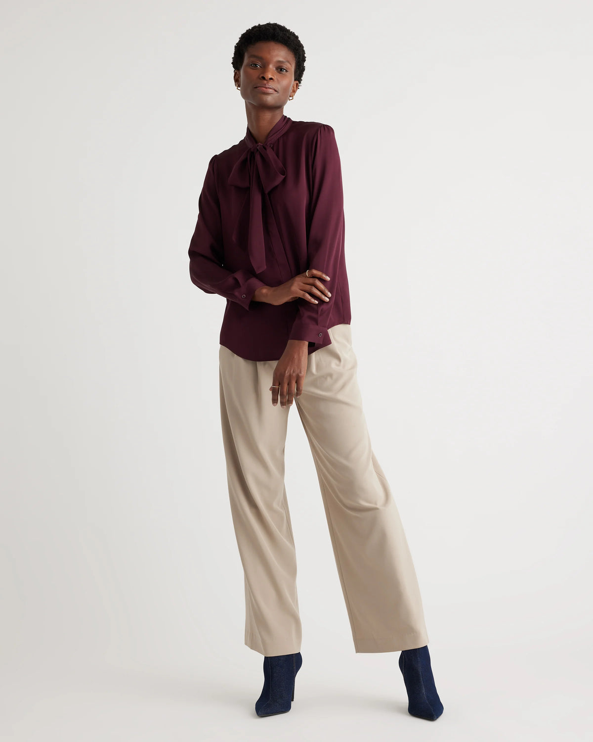Washable Stretch Silk Tie Neck Blouse - XS / Moonstone Blue