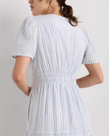 100% European Linen Tiered Maxi Dress - XS / Ivory Porcelain Blue Petite Floral