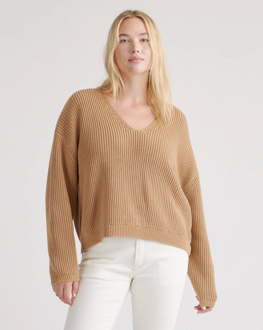 100% Organic Cotton Fisherman V-Neck Sweater - XS / Heather Brown