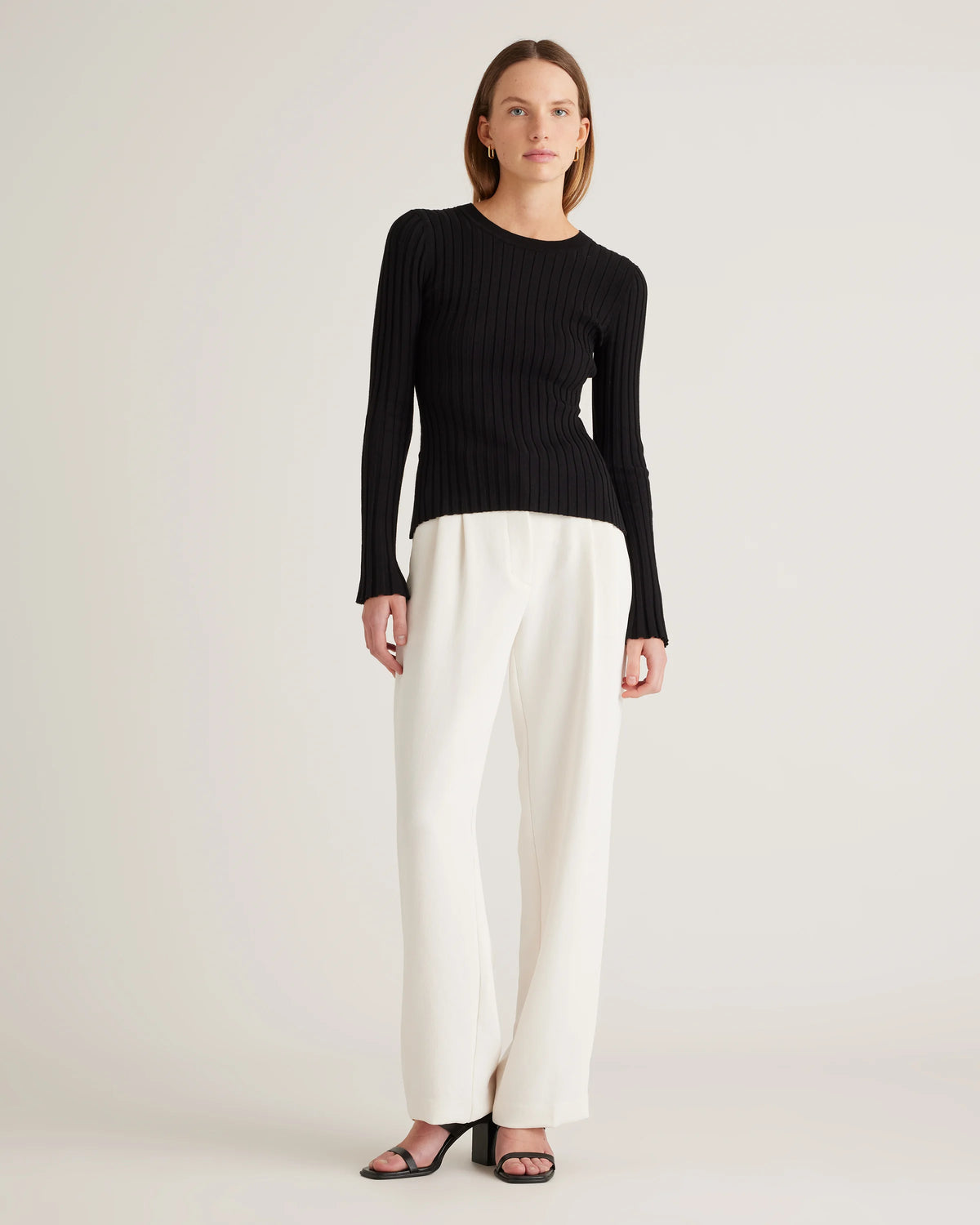 Cotton Cashmere Ribbed Long Sleeve Sweater - XS / Sugar Stone