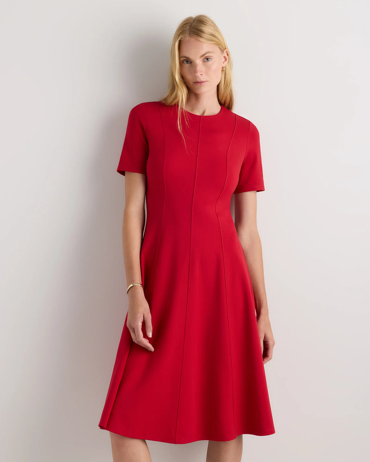 Ultra-Stretch Ponte Short Sleeve Midi Dress - XS / Ruby Red