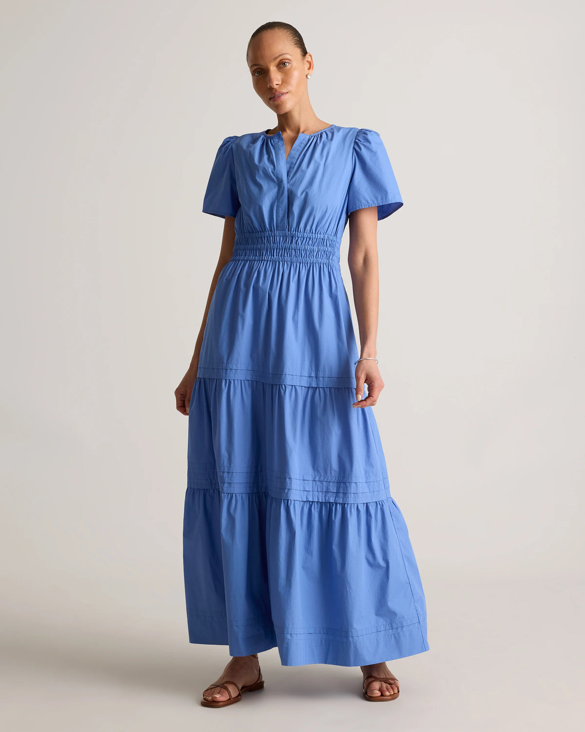 100% Organic Cotton Poplin Tiered Maxi Dress - XS / Riviera Blue Heirloom Floral