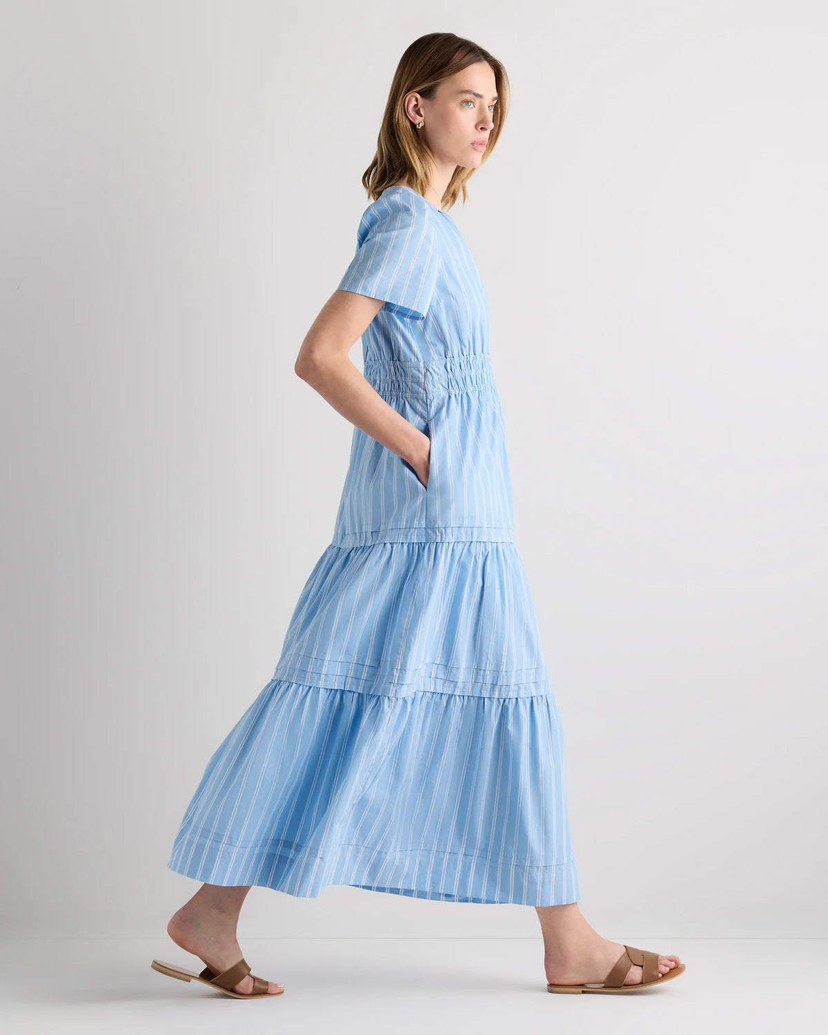 100% Organic Cotton Poplin Tiered Maxi Dress - XS / Riviera Blue Heirloom Floral