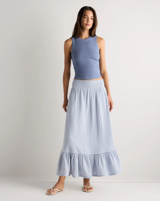 100% Organic Cotton Gauze Smocked Maxi Skirt - XS / Blue Gingham
