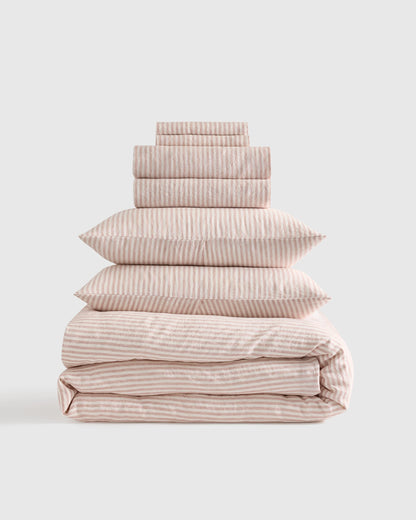 European Linen Deluxe Bedding Bundle - Twin / Willowleaf/White Stripe