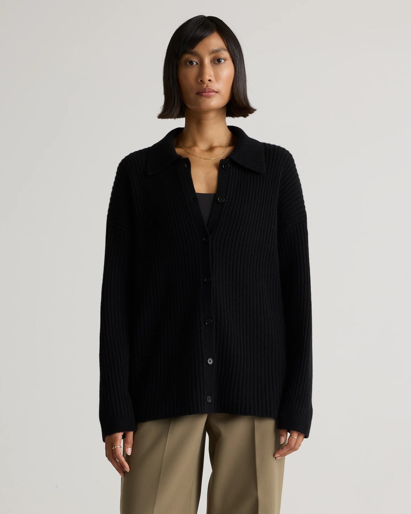 Mongolian Cashmere Wide-Rib Oversized Collared Cardigan - XS / Oatmeal