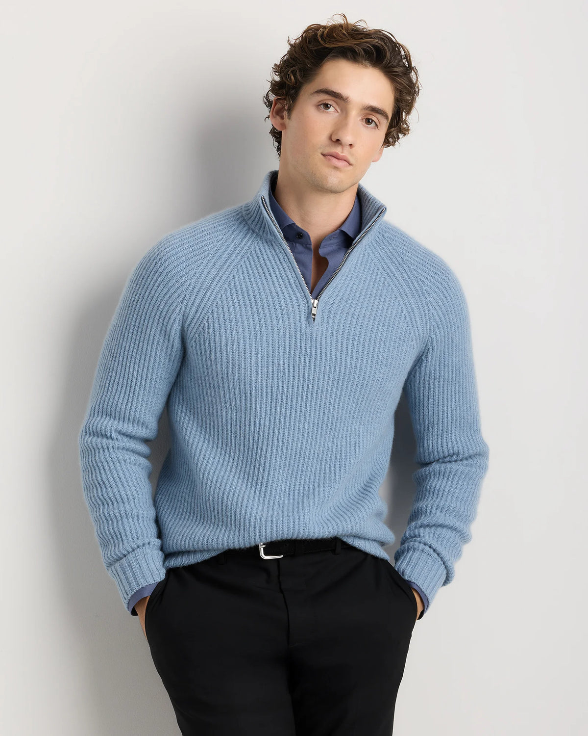 Mongolian Cashmere Fisherman Quarter Zip Sweater - S / Navy Marl