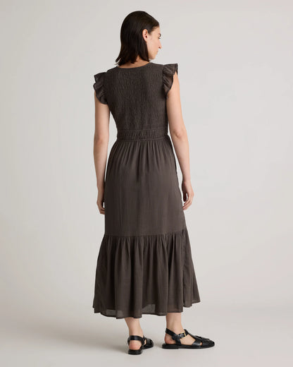 Organic Textured Cotton Smocked V-Neck Midi Dress - XS / Pale Custard Yellow