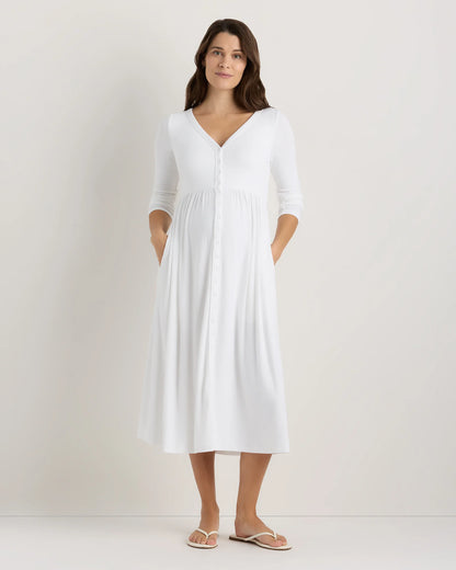 Bamboo Rib Maternity Long Sleeve Button Front Dress - XS / Classic White