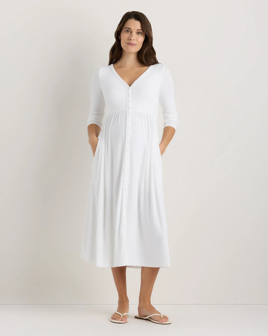 Bamboo Rib Maternity Long Sleeve Button Front Dress - XS / Classic White
