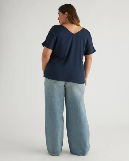 Washable Stretch Silk Reversible V-Neck Blouse - XS / Navy