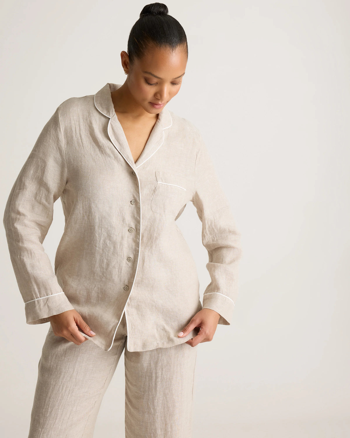 100% European Linen Long Sleeve Pajama Set with Piping - XS / Taupe Brown Gingham