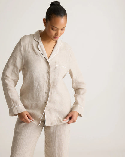 100% European Linen Long Sleeve Pajama Set with Piping - XS / Taupe Brown Gingham