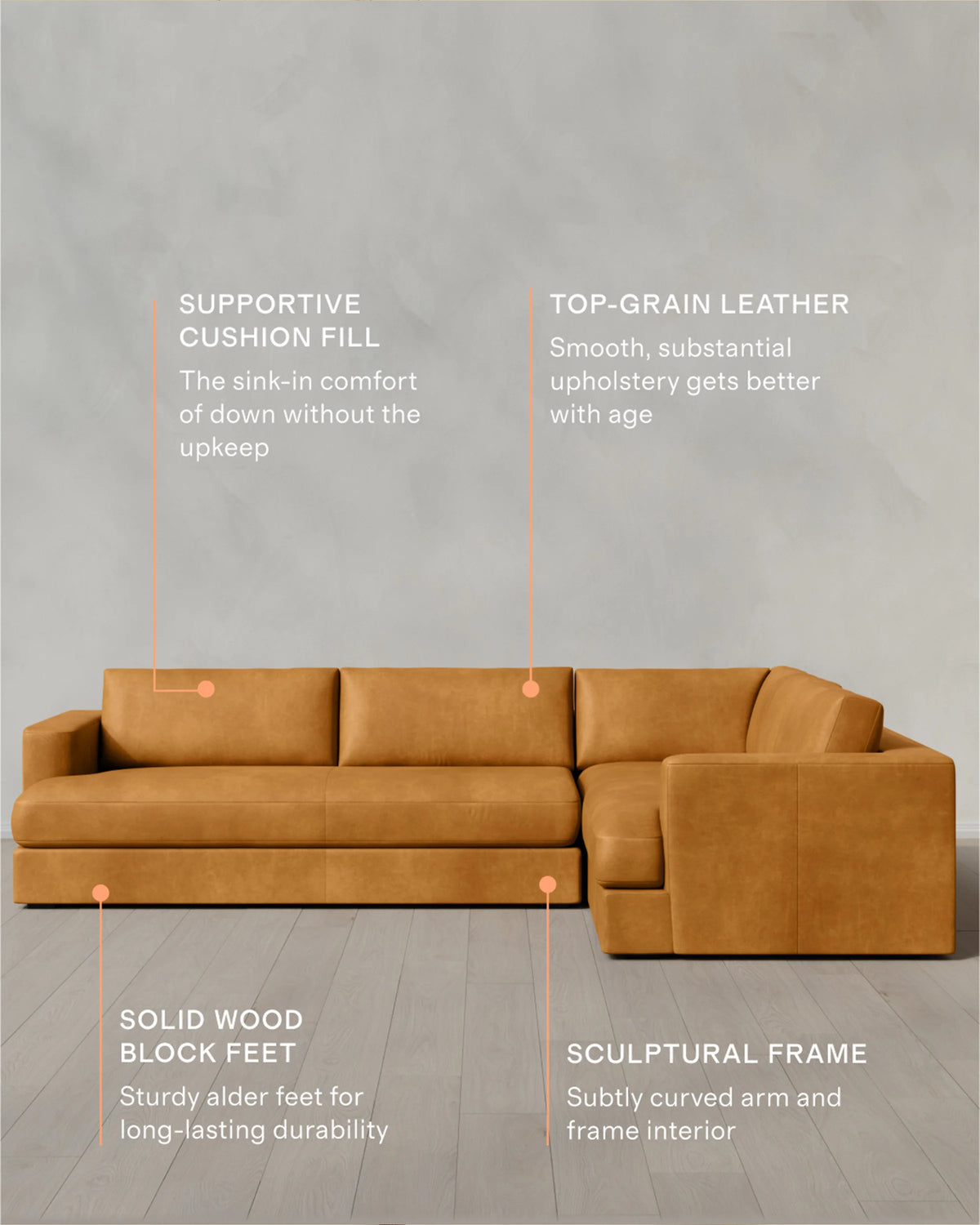 Sierra Curved Arm L Sectional in Leather - Right Arm / Auburn
