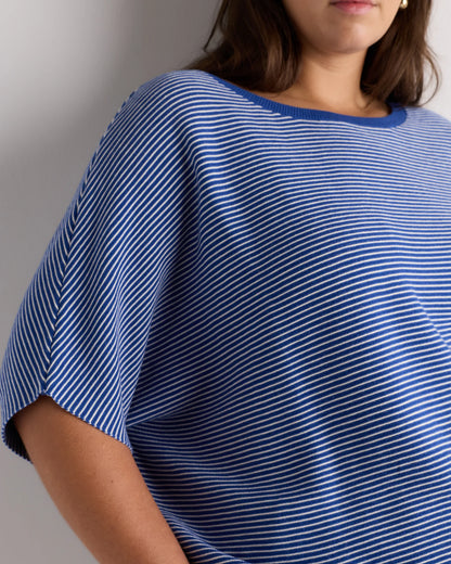 Lightweight Cotton Cashmere Link-Stitch Dolman Sweater - 1X / Orchid Blue Mini Stripe