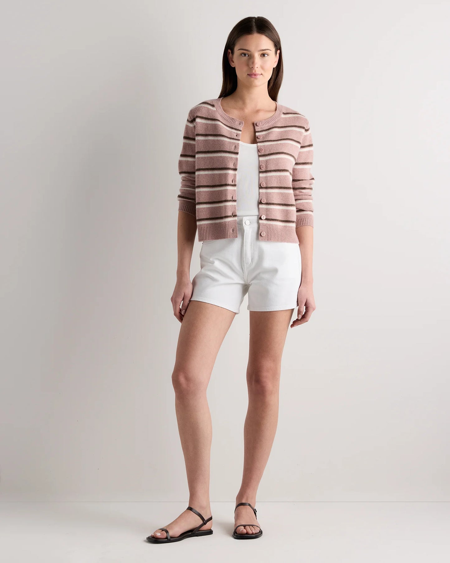 Mongolian Cashmere Cropped Crew Cardigan - XS / Heather Vintage Pink / Brown Variegated Stripe