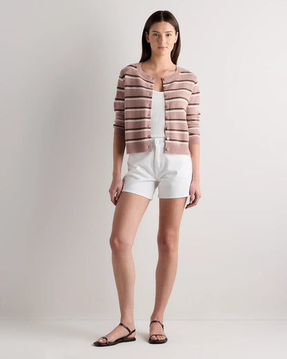 Mongolian Cashmere Cropped Crew Cardigan - XS / Heather Vintage Pink / Brown Variegated Stripe