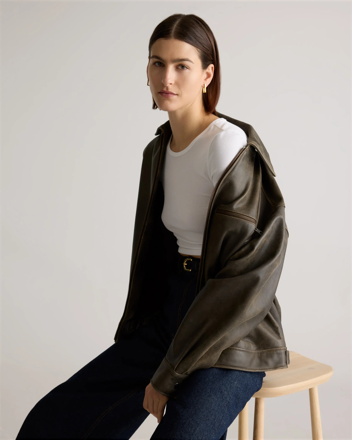 100% Leather Oversized Bomber Jacket - XS / Rich Brown