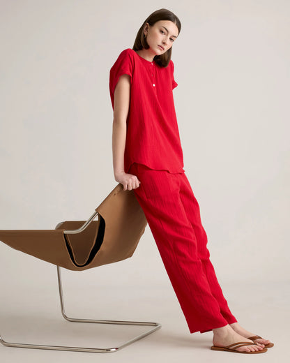 100% Organic Cotton Gauze Roll Sleeve Shirt - XS / Spiced Orange