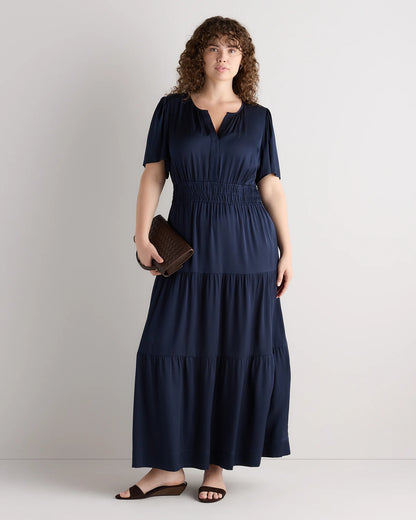 Washable Stretch Silk Tiered Maxi Dress - 1X / Navy