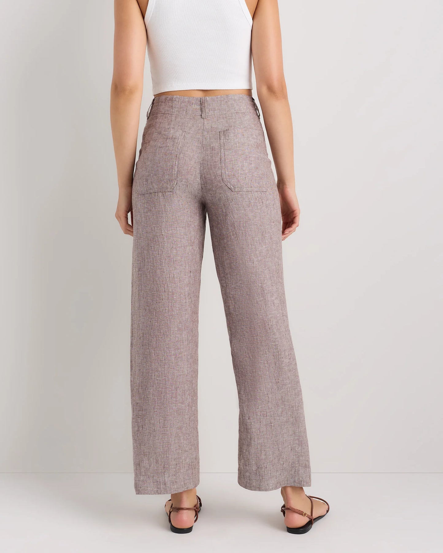 100% European Linen Patch Pocket Wide Leg Pants - 0 / Taupe Brown Chambray