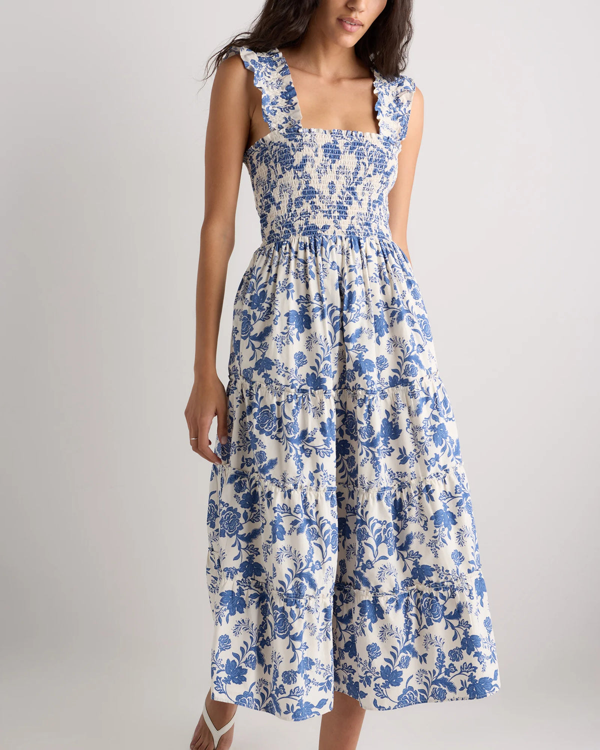100% Organic Cotton Poplin Smocked Midi Dress - XS / Riviera Blue Heirloom Floral