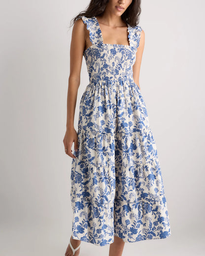 100% Organic Cotton Poplin Smocked Midi Dress - XS / Riviera Blue Heirloom Floral