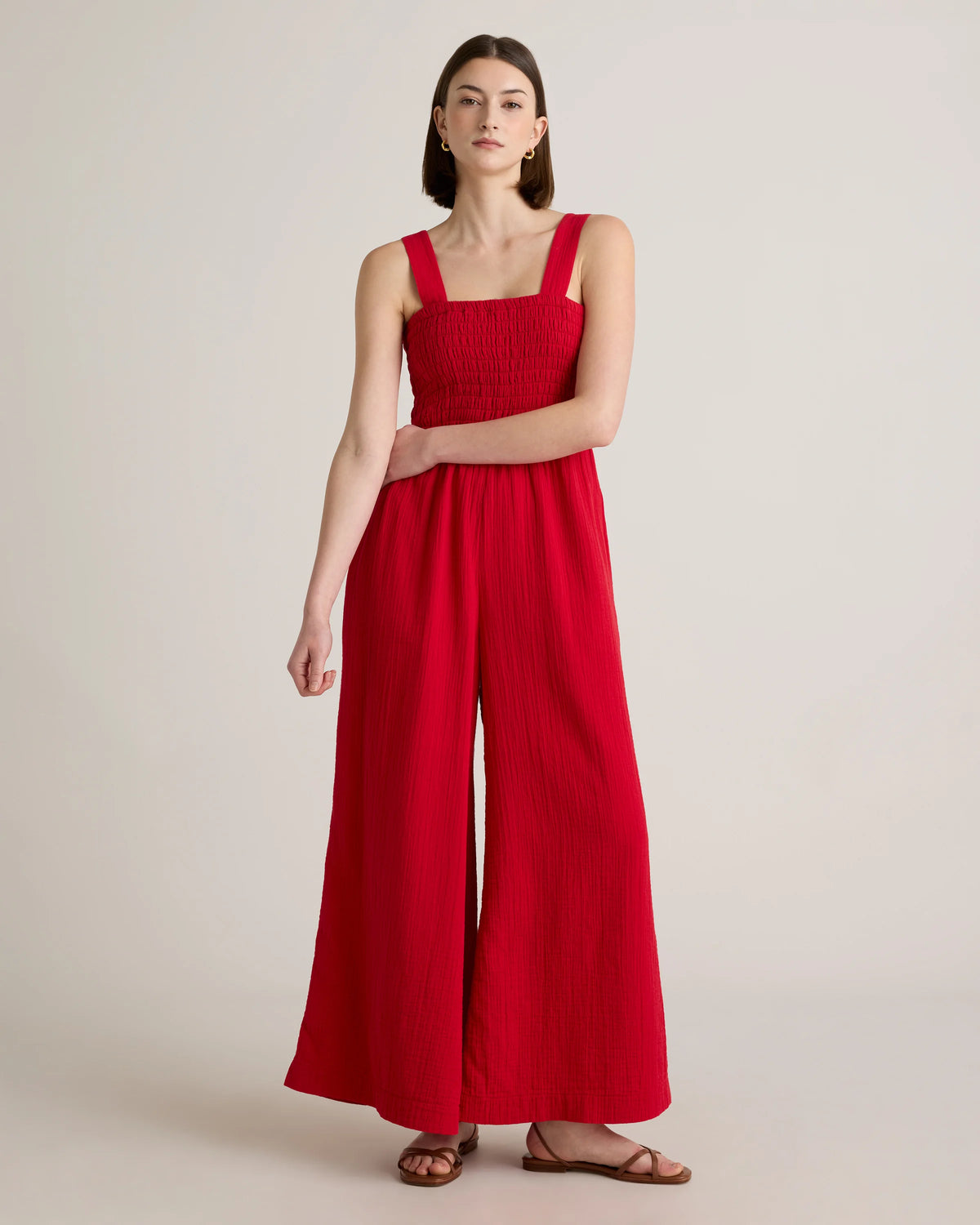 100% Organic Cotton Gauze Smocked Wide Leg Jumpsuit - XS / Spiced Orange