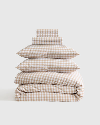 Organic Crisp Percale Gingham Deluxe Bedding Bundle - Twin / Cafe
