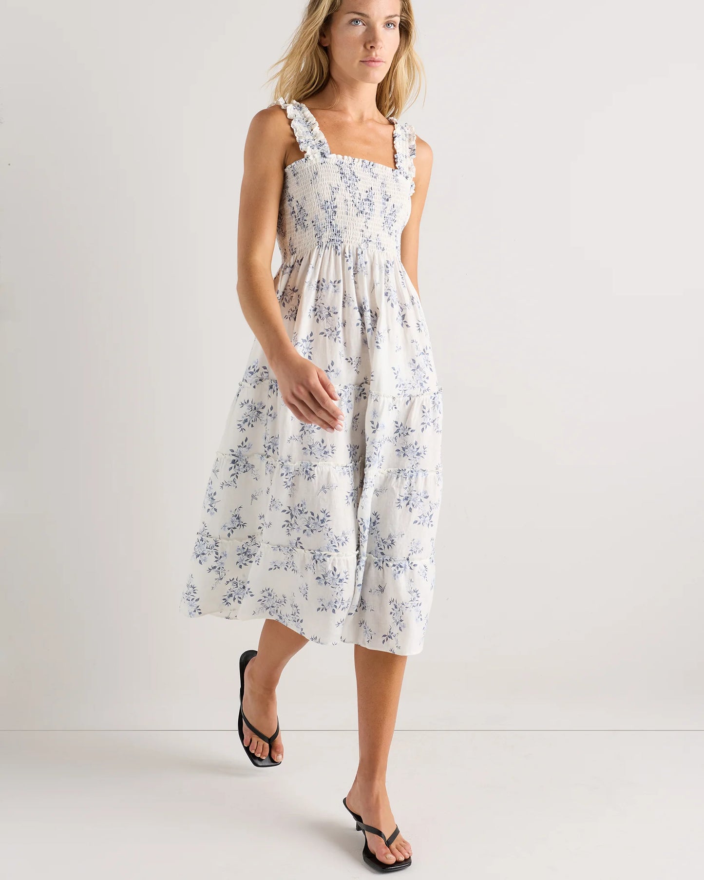 100% European Linen Smocked Midi Dress - XS / Ivory Porcelain Blue Petite Floral