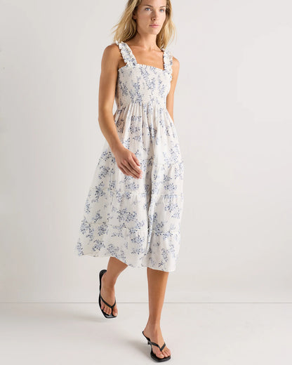 100% European Linen Smocked Midi Dress - XS / Ivory Porcelain Blue Petite Floral